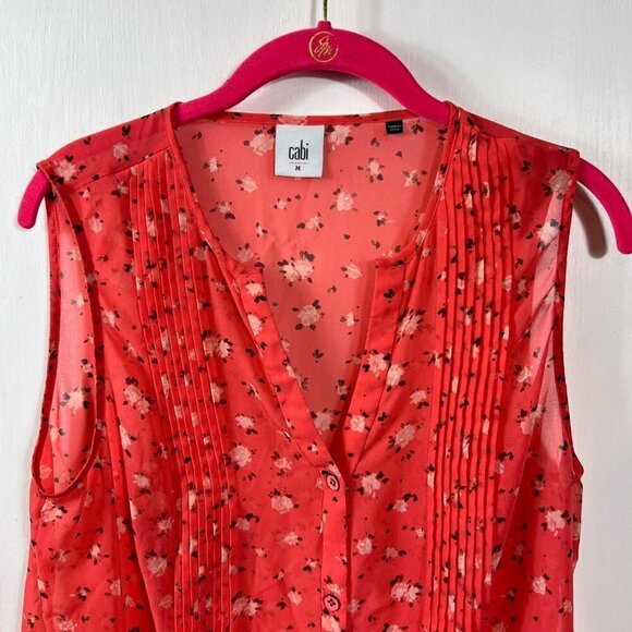 Cabi Coral Pintuck Sleeveless Sheer Floral Buttondown Blouse - Picture 2 of 6